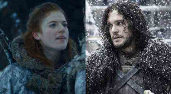 From left to right: Rose Leslie and Kit Harington in Game of Thrones.