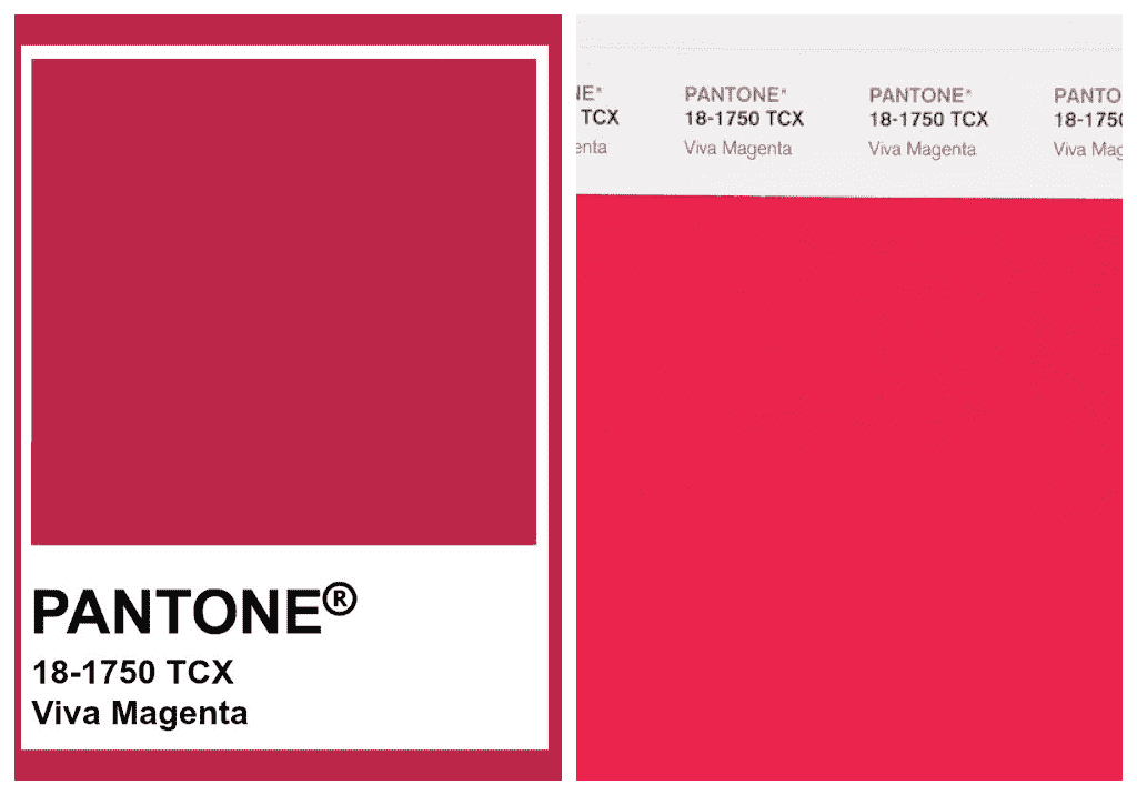 Deux échantillons Pantone officiels pour la couleur Viva Magenta.  Celui de gauche est plus rouge/violet que celui de droite. 