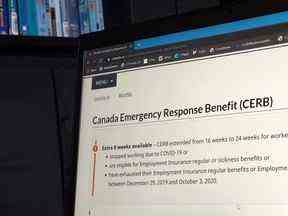 La page d'accueil de la Prestation canadienne d'urgence est visible à Toronto, le lundi 10 août 2020.