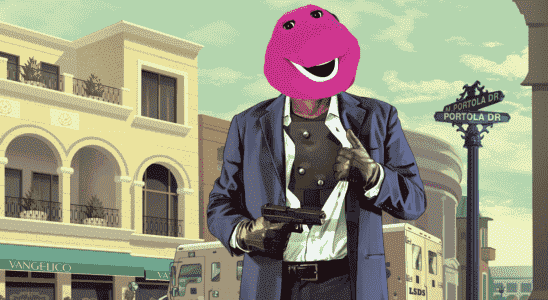 An image of Michael from GTA 5, his head overlaid by that of Barney the Dinosaur.