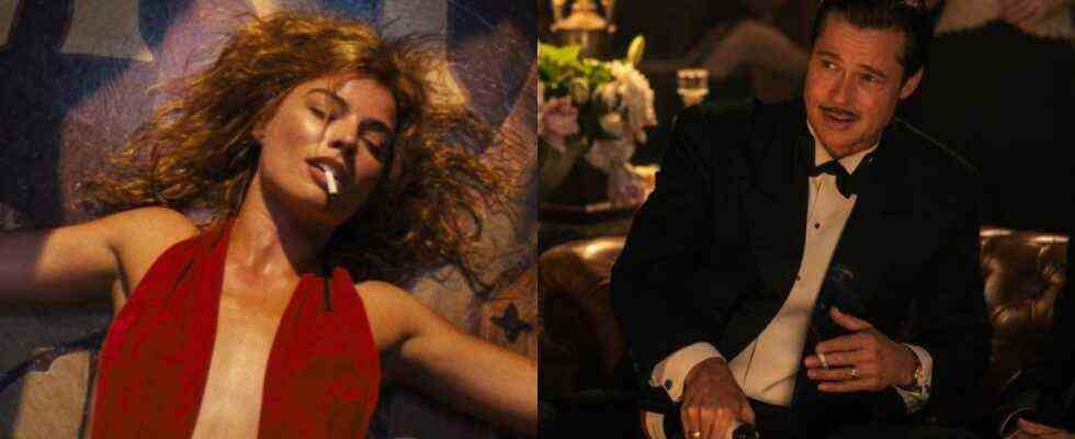 Left, Margot Robbie in Babylon in a red dress with her eyes closed smoking a cigarette. Right, Brad Pitt in Babylon wearing a suit pouring a drink.