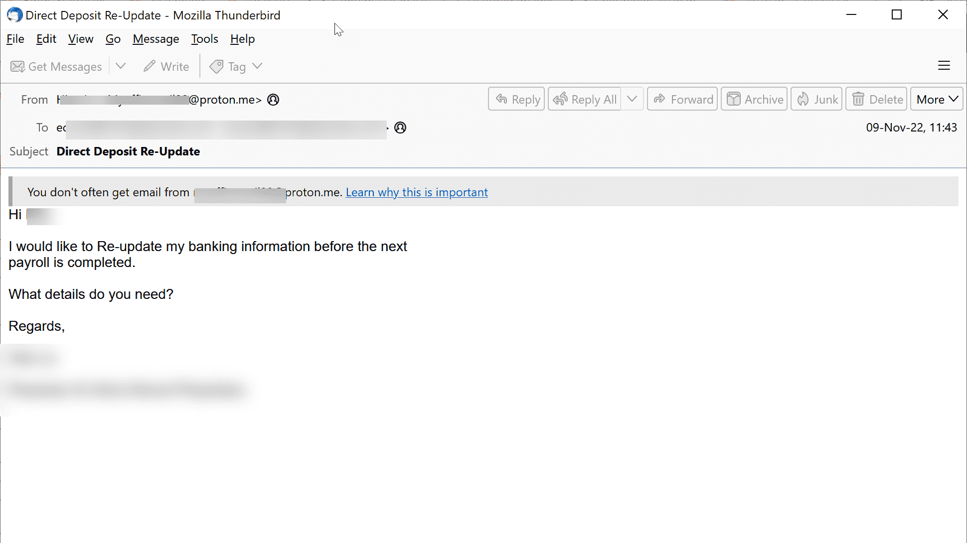 Un courriel frauduleux au dépôt direct