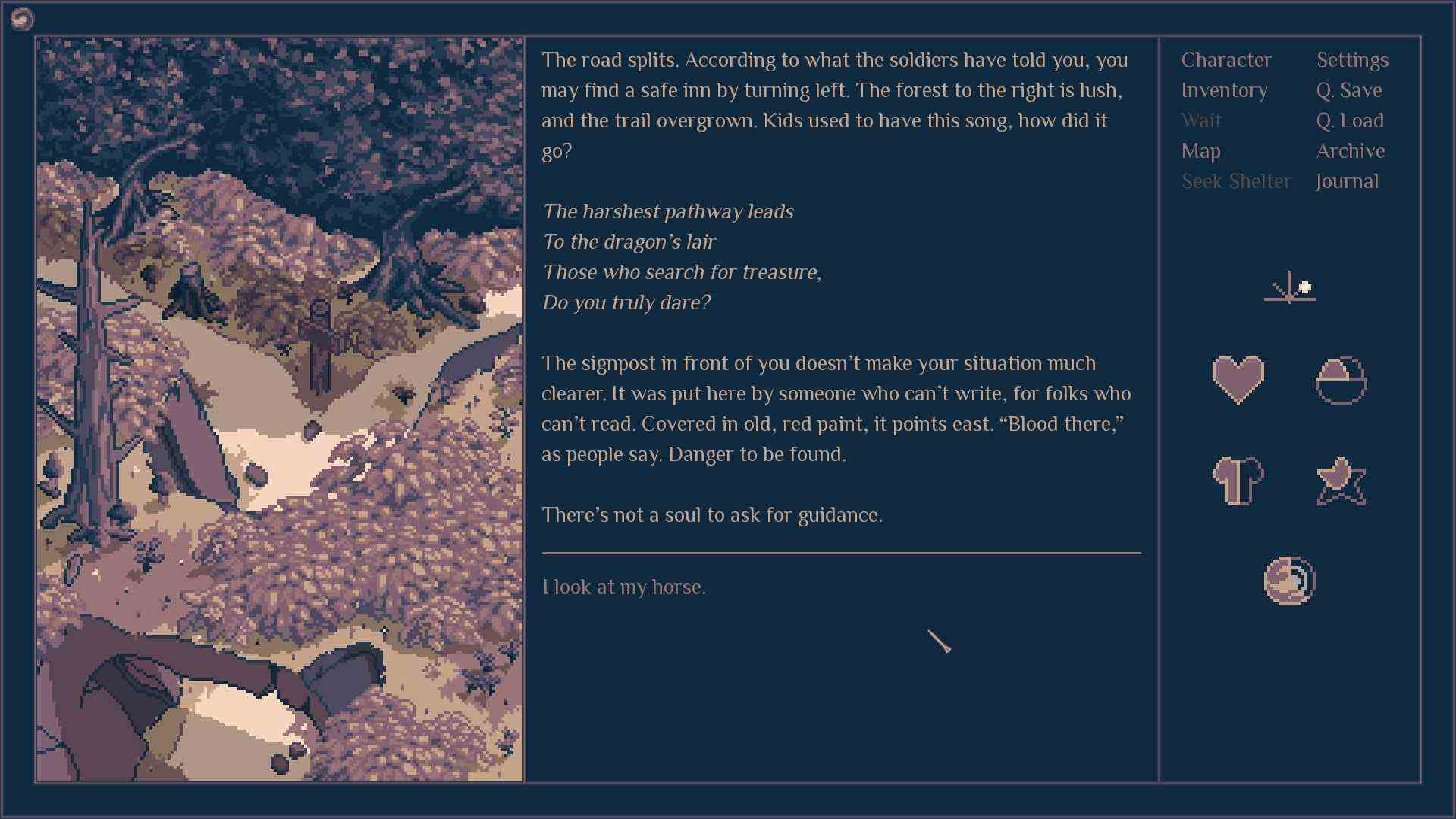 Roadwarden - Une illustration d'un chemin forestier avec une description de l'environnement et des statistiques du joueur sur la barre latérale droite.
