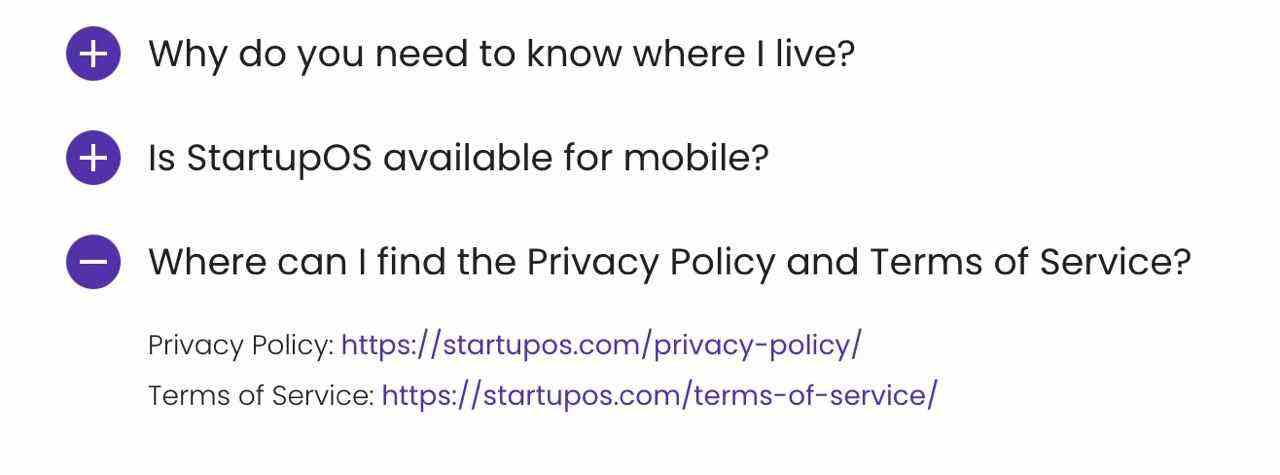 Les termes et conditions de StartupOS ont été enterrés au bas de la FAQ du site. 