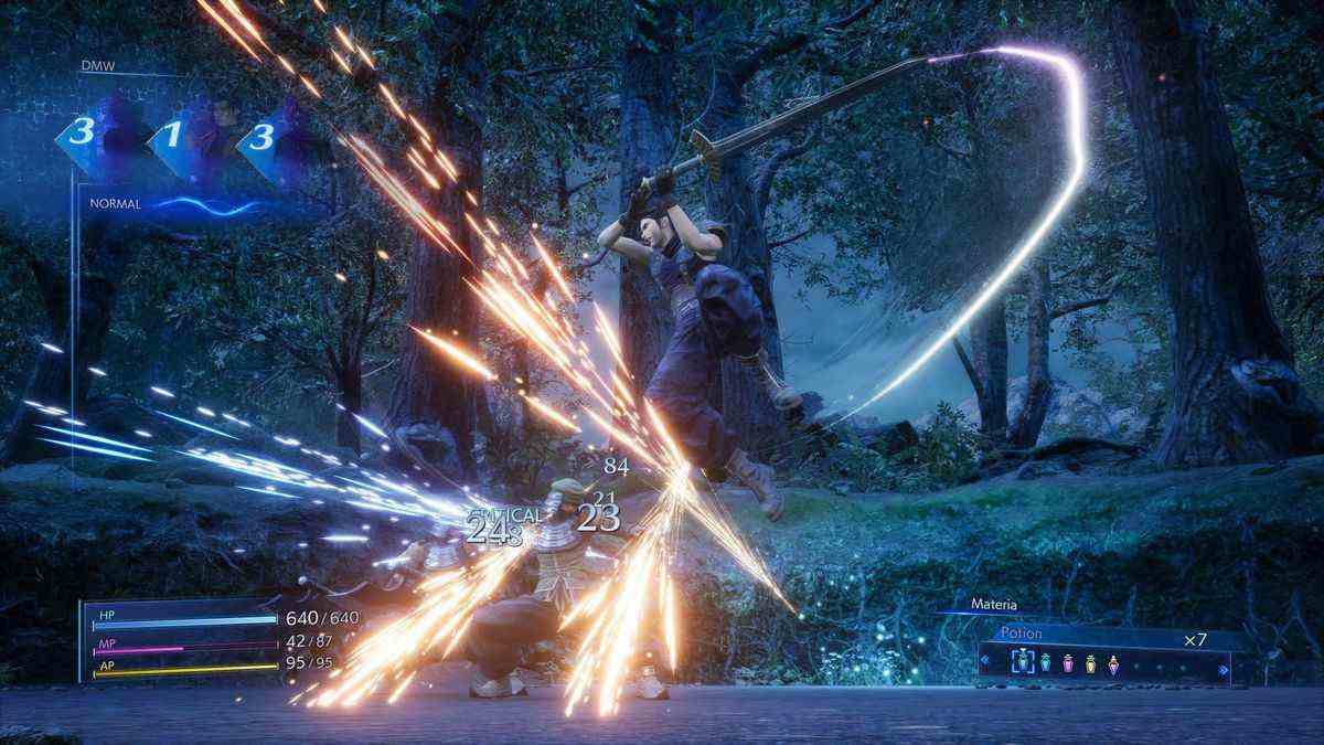 Zack Fair utilise une attaque bondissante avec son épée au combat dans Crisis Core: Final Fantasy 7 Reunion