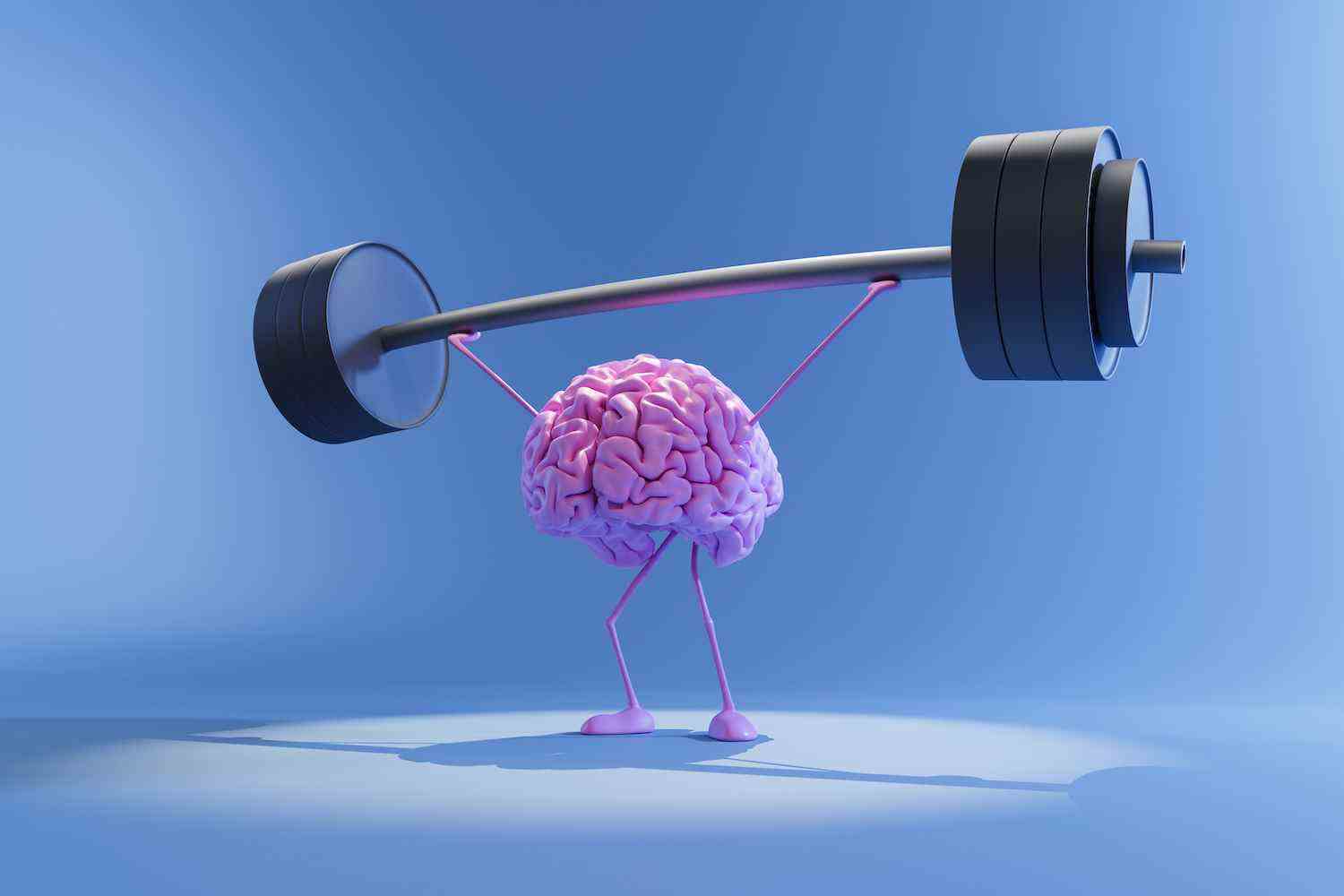 Illustration 3D du cerveau humain de couleur rose soulevant une lourde barre.  Esprit d'entraînement et concept de santé mentale.  Entraîne ton cerveau.