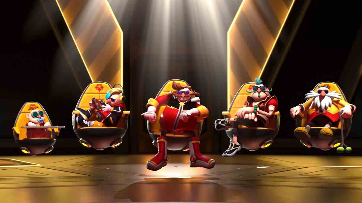 des versions alternatives de Robotnix, d'un bébé à un vieil homme, s'assoient sur des chaises flottantes dans Sonic Prime
