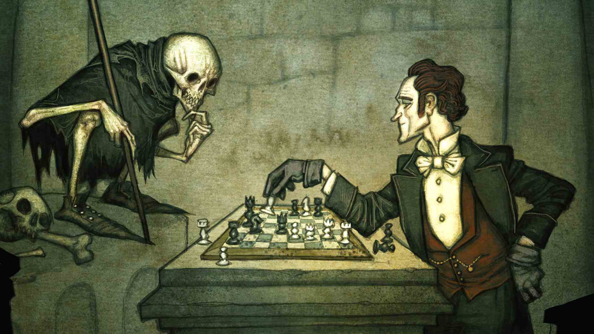 Art intérieur Vaesen d'un squelette et d'un homme jouant aux échecs