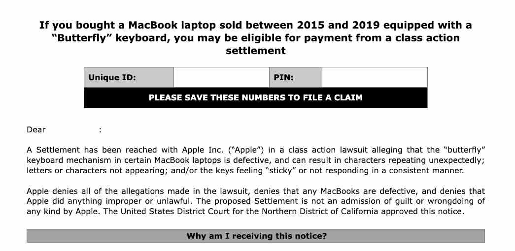 le début d'un e-mail de règlement de litige sur le clavier MacBook.