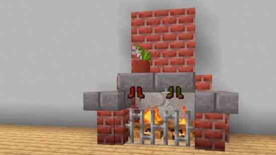 Constructions de Noël Minecraft - une cheminée en brique confortable avec des bas suspendus dessus
