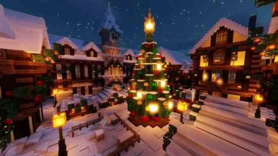 Constructions de Noël Minecraft - un village festif, avec des maisons en bois confortables entourant un sapin de Noël central