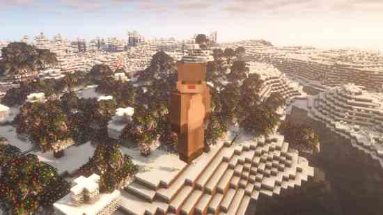 Skins de Noël Minecraft - un rudolph pixélisé survole un paysage enneigé rempli d'arbres de Noël scintillants