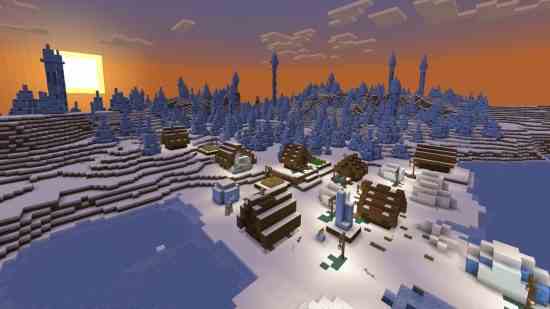 Graines de Noël Minecraft : Un village enneigé de la taïga se trouve devant un biome de pics de glace, avec de grands piliers de glace bleus s'élevant du sol