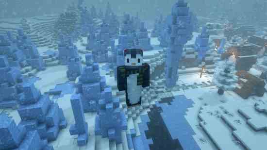 Skins de Noël Minecraft - un joli pingouin avec un bonnet et une écharpe en laine survole un biome Minecraft enneigé