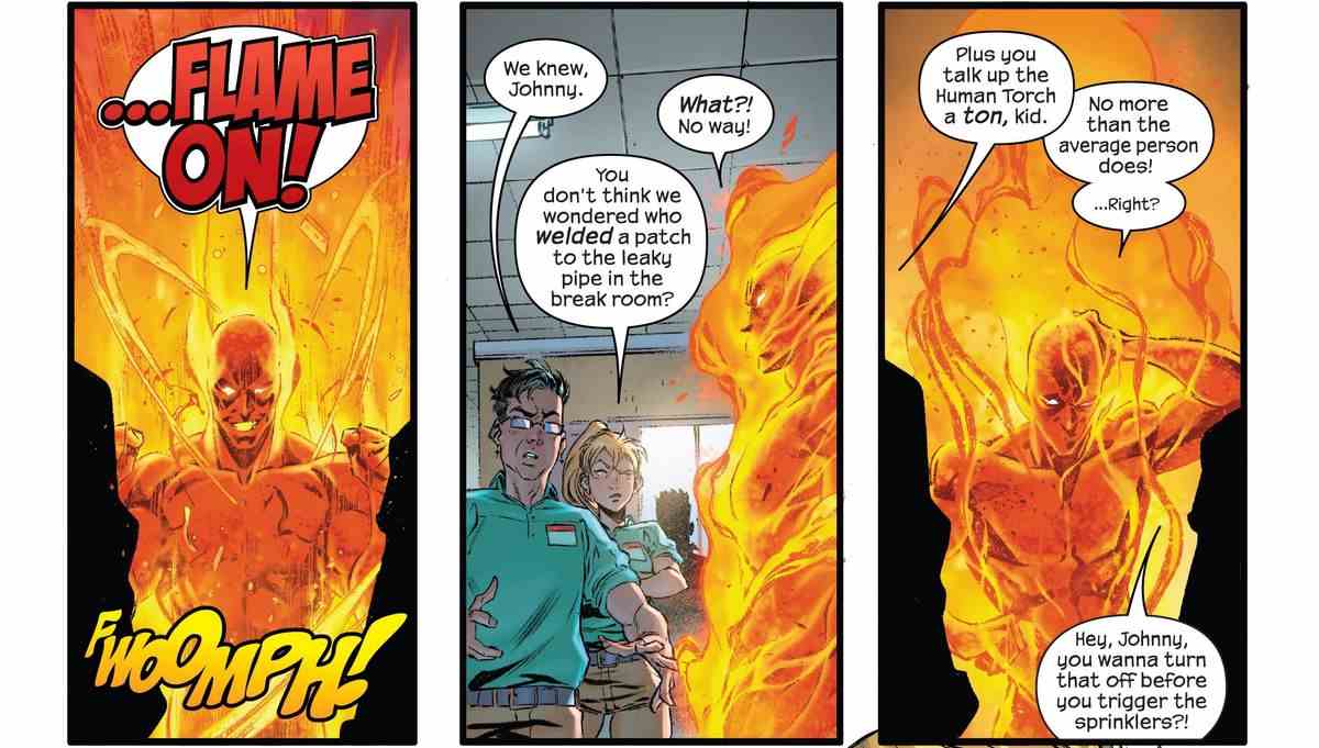 Johnny Storm révèle à ses collègues au salaire minimum qu'il est secrètement la torche humaine.  