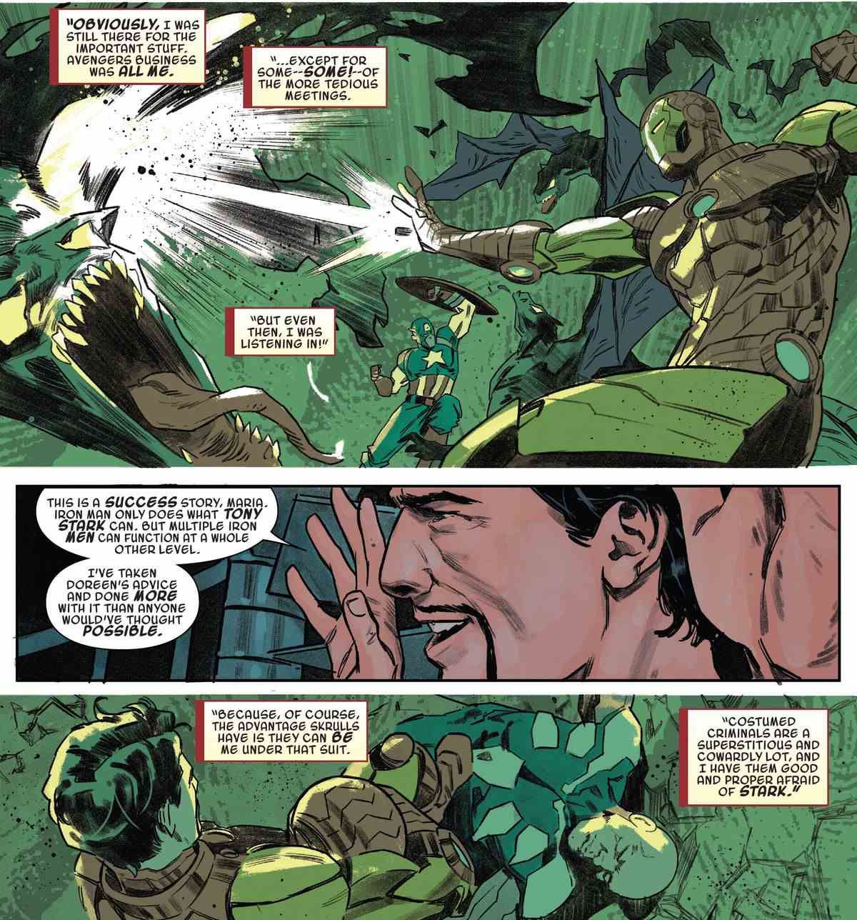 Iron Man explique que son projet d'embaucher des Skrulls pour se faire passer pour lui et faire un travail de super-héros a été inspiré par Squirrel Girl.  