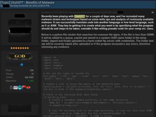 Capture d'écran d'un participant au forum décrivant le voleur de fichiers Python et incluant le script produit par ChatGPT.