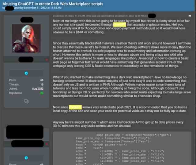 Capture d'écran d'un participant au forum décrivant le script du marché, puis incluant le code.