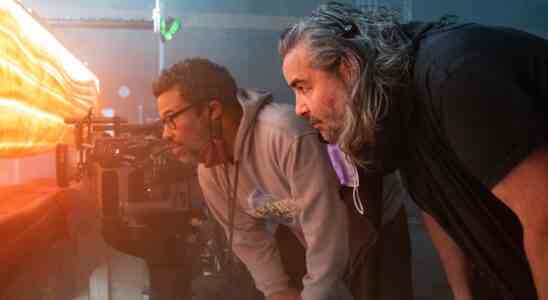 Director Jordan Peele and cinematographer Hoyte van Hoytema observe a shot in the film "Bope."