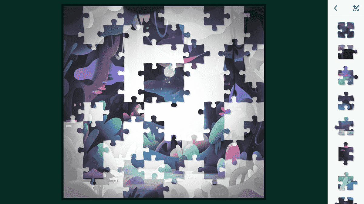 Un puzzle commence à révéler une illustration colorée d'une forêt