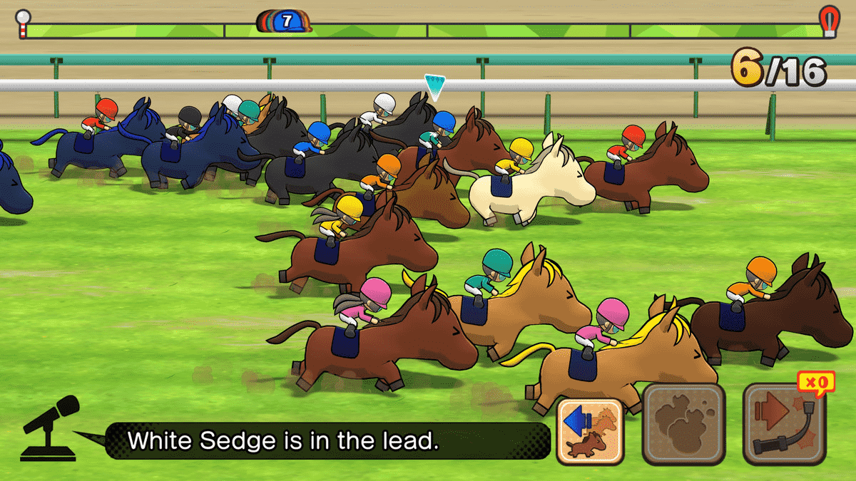 Un champ de chevaux mignons fait la course autour de la piste dans Pocket Card Jockey : Ride On !