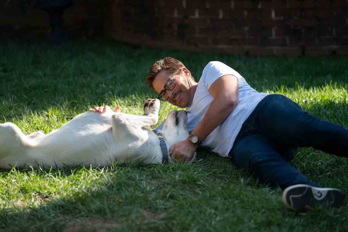 Un homme (Rob Lowe) portant des lunettes, un t-shirt blanc et un jean bleu allongé dans un carré d'herbe et jouant avec un chien.
