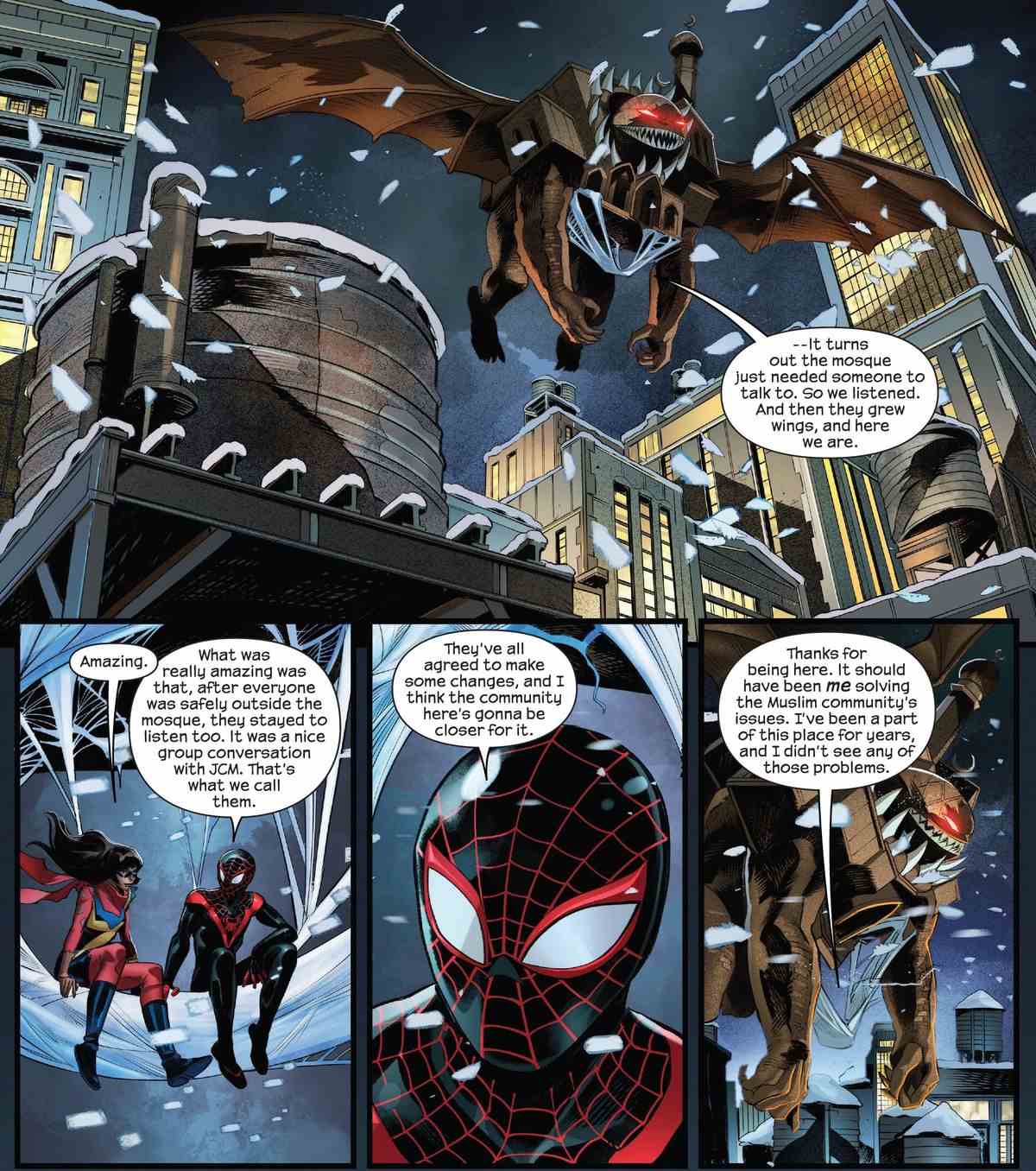 Miles Morales / Spider-Man et Mme Marvel discutent de la façon dont Miles a aidé les fidèles de sa mosquée à se lier d'amitié avec leur mosquée, qui a pris vie sous la forme d'un énorme démon à crocs.  Ils sont assis sur une balançoire faite de toiles d'araignées alors qu'elle revient à Jersey City dans Dark Web: Ms. Marvel #2. 