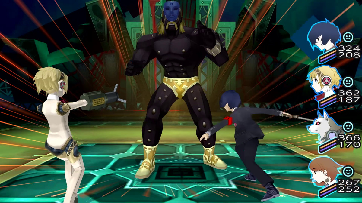 Aigis et le protagoniste attaquent un démon ennemi dans Persona 3 Portable