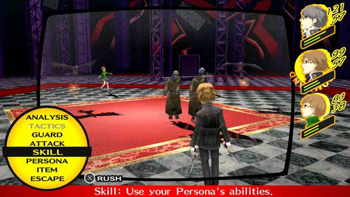 Le protagoniste et Chie affrontent deux démons dans un donjon dans Persona 4 Golden sur Nintendo Switch