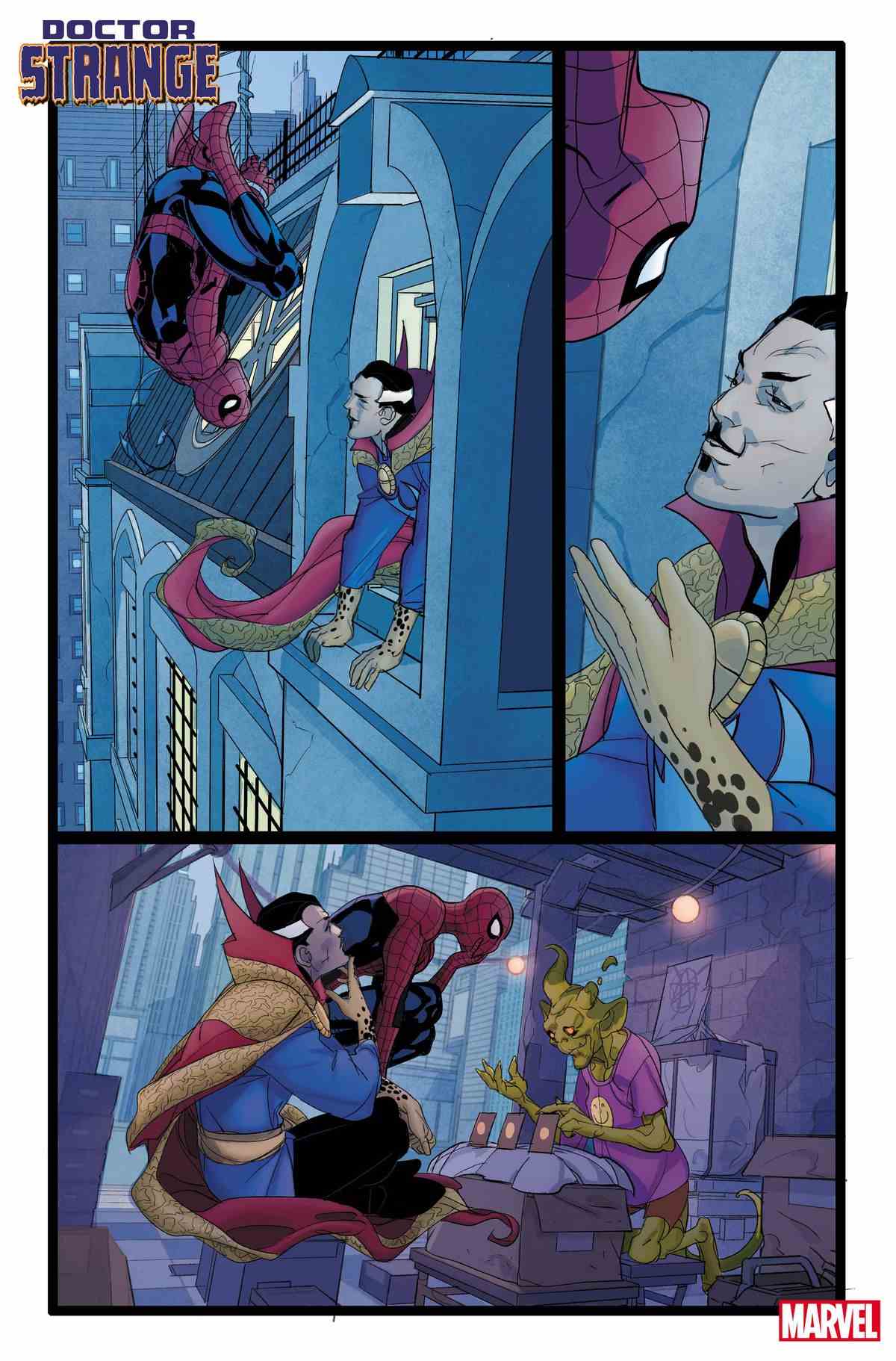 Le docteur Strange discute avec Spider-Man à travers une fenêtre, puis dans un magasin de fantaisie quelconque, dans une page inachevée de Doctor Strange # 1 (2023).
