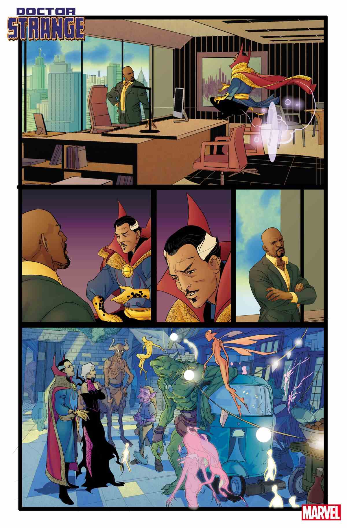 Le docteur Strange s'entretient avec Luke Cage, maire de New York, dans son bureau ;  puis Clea et Strange sont vus en train de parler avec une demi-douzaine d'étranges créatures magiques dans la rue dans Doctor Strange # 1 (2023).