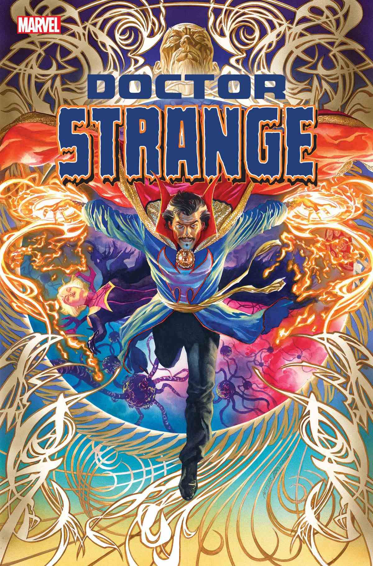 Doctor Strange bondit vers le spectateur dans un tourbillon de magie sur la couverture de Doctor Strange #1 (2023). 