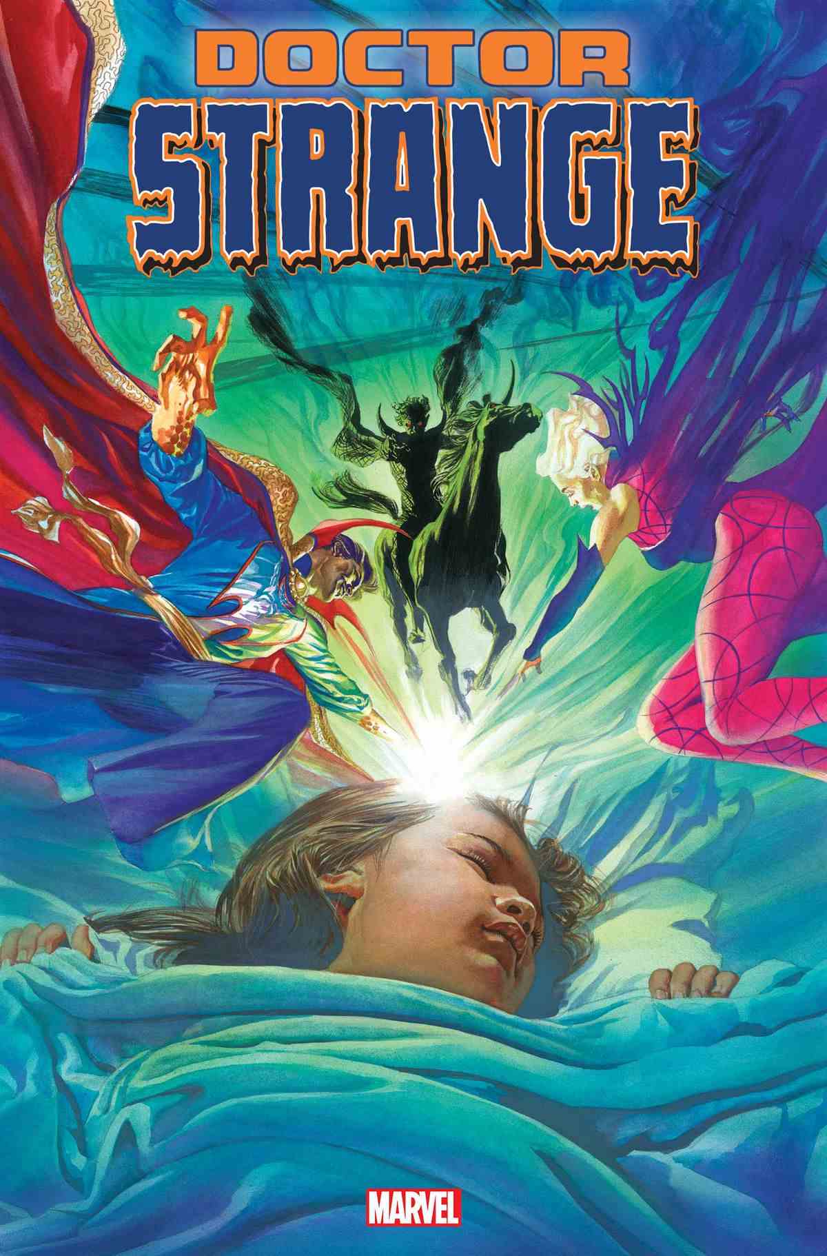 Doctor Strange et Clea semblent être entraînés dans les rêves d'un enfant endormi, alors que Nightmare regarde son cheval noir sur la couverture de Doctor Strange # 1 (2023). 