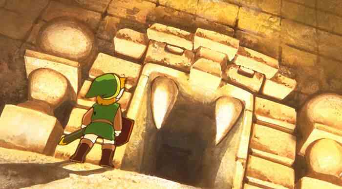 L'illustration dessinée à la main montre Link debout devant une entrée de donjon en pierre sculptée avec de gros crocs