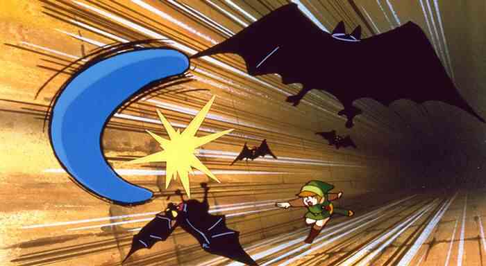 Des illustrations dessinées à la main montrent Link lançant un boomerang sur des créatures Keese ressemblant à des chauves-souris
