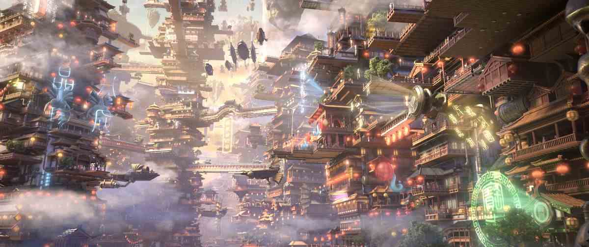 Un paysage urbain animé en CG dans le film d'animation chinois CG New Gods: Yang Jian, montrant un mélange d'architecture chinoise, de dirigeables flottants, d'hologrammes lumineux et de nuages ​​à la dérive 