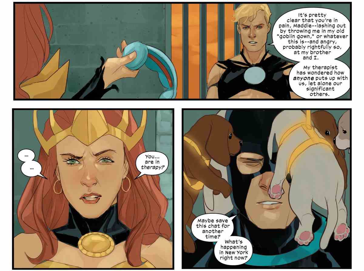 Madelyne Pryor et Havok discutent dans son donjon, où Cyclope a les mains liées derrière le dos, sa visière retirée et un appareil au-dessus de lui qui entoure sa tête d'adorables chiots vivants, pour l'empêcher d'utiliser sa vision laser, dans Dark Web : X-Men #2 (2023). 