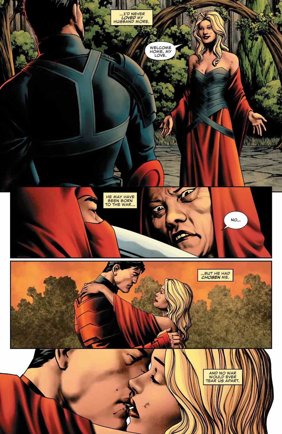Maria, vêtue d'une robe de méchant, embrasse son mari, pensant à la façon dont son affinité pour le meurtre a été rendue adorable lorsqu'il a montré qu'il était prêt à l'abandonner pour elle, dans Punisher # 9 (2023).