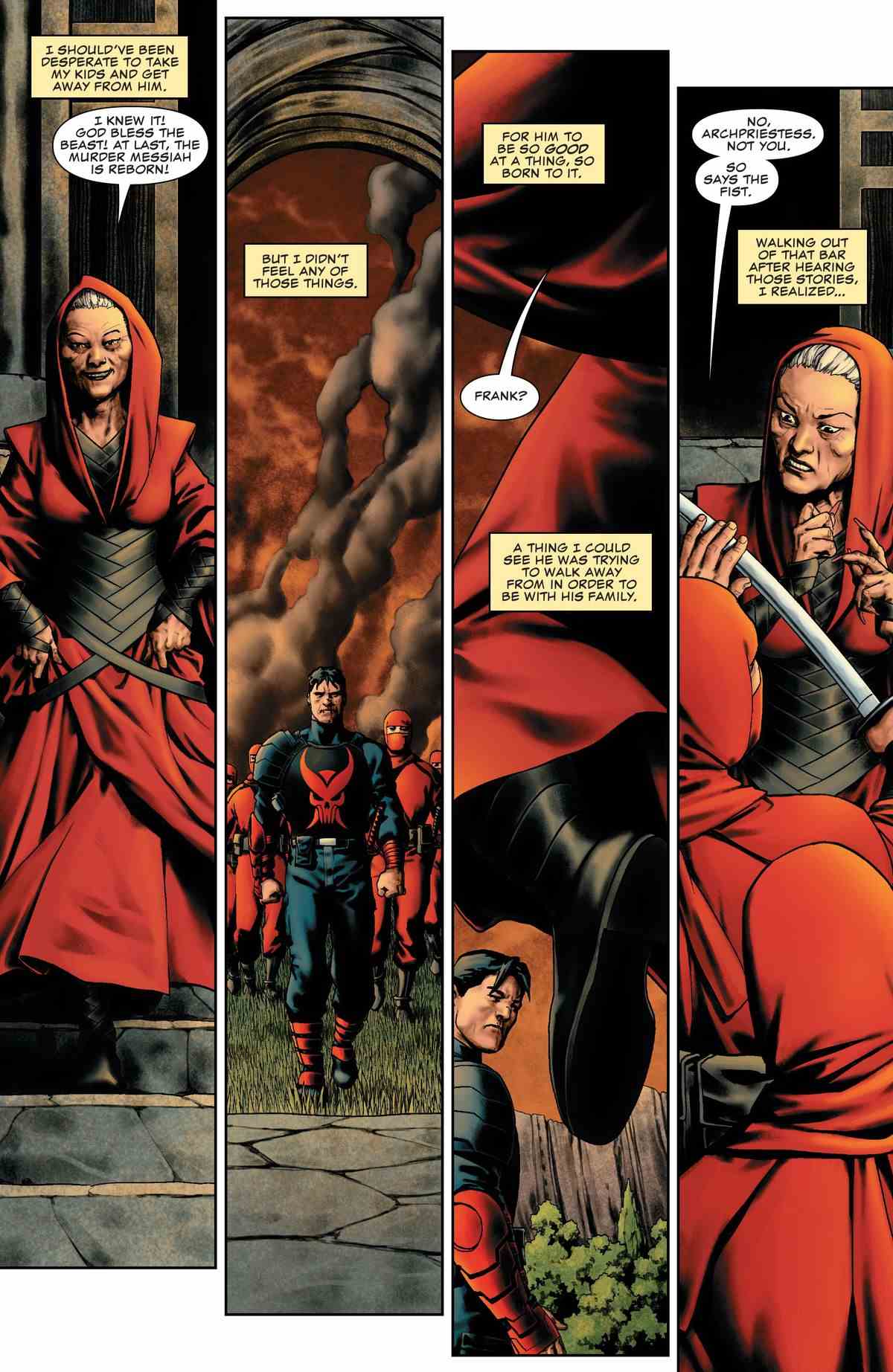Les ninjas du Punisher empêchent la grande prêtresse de la Main de s'approcher de lui.  Dans la narration, Maria Castle dit qu'elle aurait dû avoir peur de son mari après avoir découvert à quel point son mari était doué pour le meurtre.  Mais elle a vu qu'il essayait de le laisser derrière lui par amour pour sa famille, dans Punisher #9 (2023). 