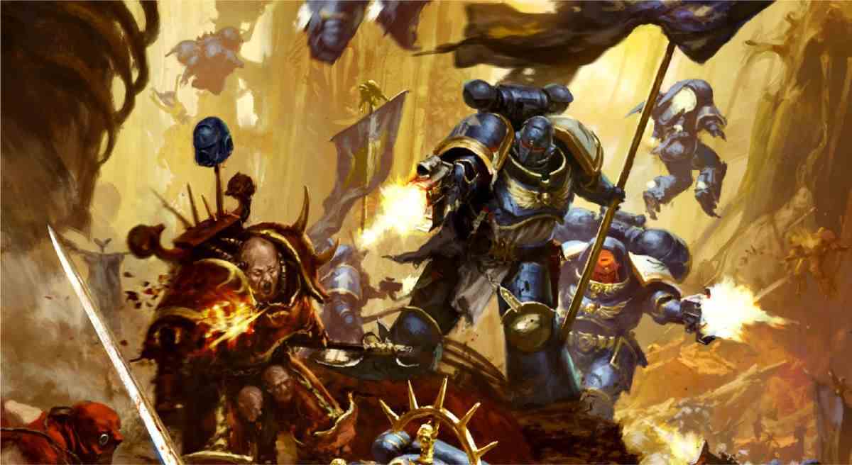 Warhammer 40,000 - Une escouade d'Ultramarines vêtus d'armures assistées bleues combattent leurs frères et sœurs corrompus du Chaos dans une bataille effrénée.