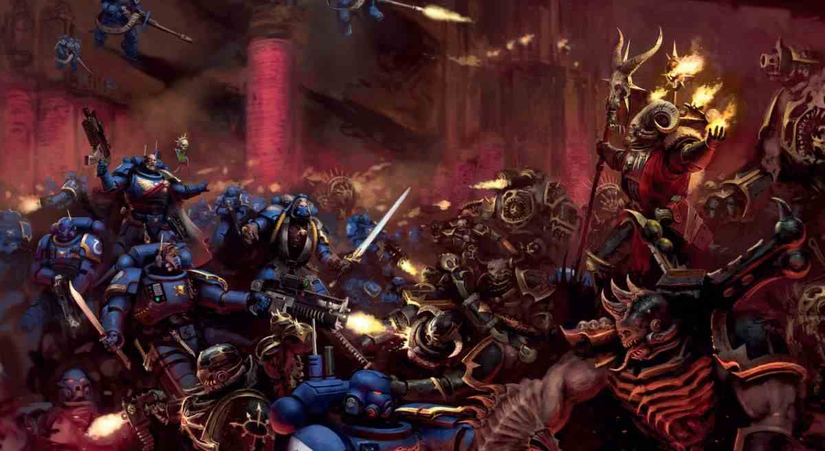 Warhammer 40,000 - Les Ultramarines sont dans une bataille sanglante contre la Black Legion.  Les Space Marines du Chaos lancent des boules de feu et invoquent des démons.