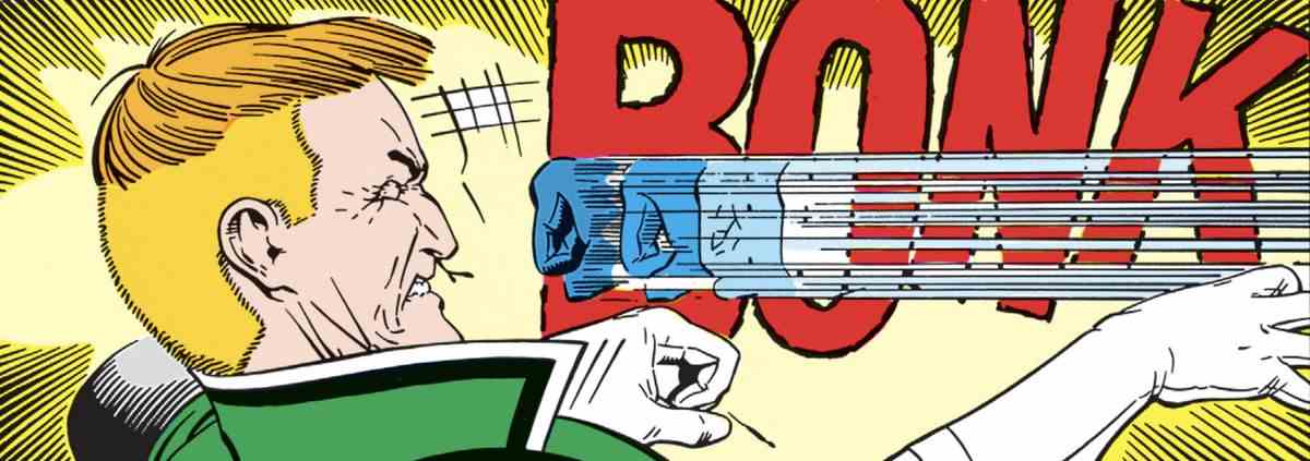 Avec un énorme effet sonore BONK, Guy Gardner (Green Lantern) recule devant le poing de Batman dans Justice League International #5 (1988).