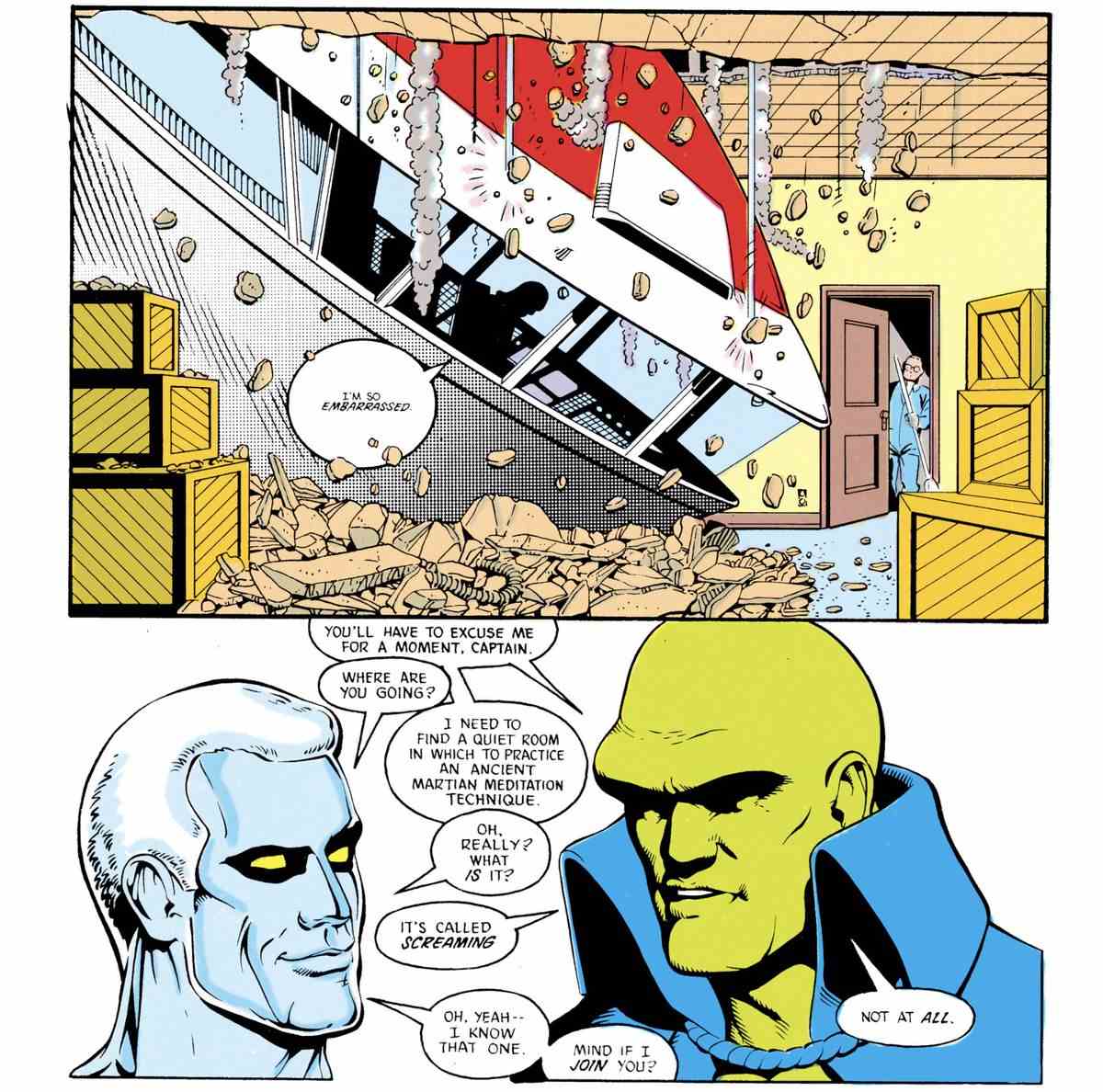 Un énorme engin fracasse le plafond d'un entrepôt d'immeuble.  Dans le panel suivant, le Martian Manhunter invite le capitaine Atom à se joindre à lui dans 