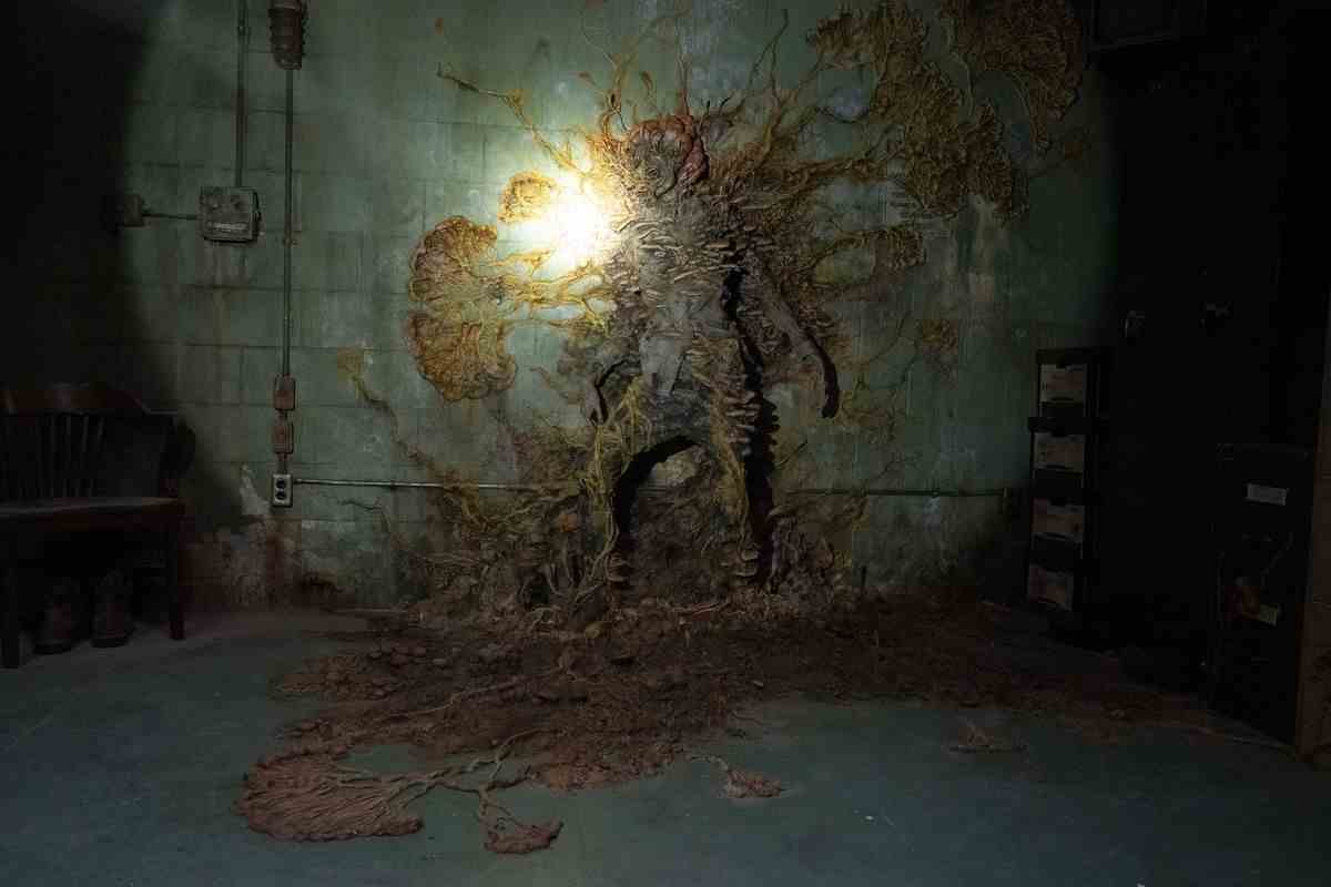 Une photo d'une personne infectée collée à un mur avec des champignons envahis dans The Last of Us