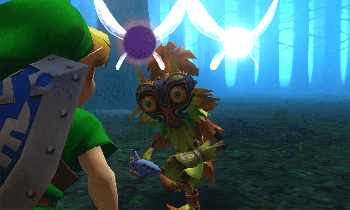 Une capture d'écran de Link et Skull Kid de The Legend of Zelda: Majora's Mask.