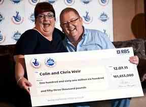 Colin Weir (à droite) et sa femme Chris posent pour des photos lors d'un photocall à Falkirk, en Écosse, le 15 juillet 2011, après avoir remporté un record de 161 millions de livres sterling (184 millions d'euros/259 millions de dollars) à la loterie EuroMillions, le 15 juillet 2011.