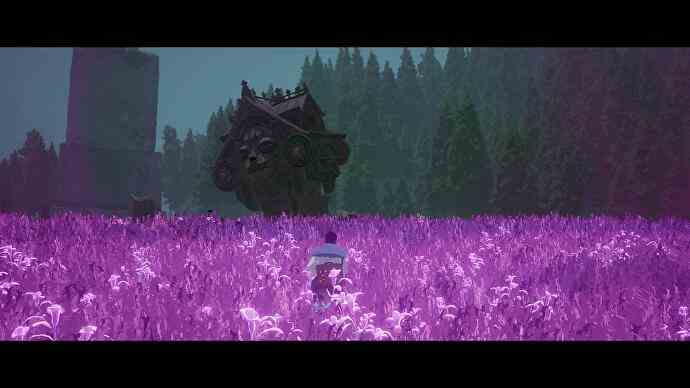 Bilan de la saison - le personnage marchant dans un champ luxuriant de plantes rose-violet vif