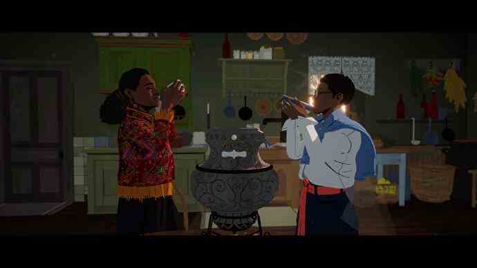 Revue de saison - deux personnages boivent des bols de soupe par un couldron dans un cottage sombre