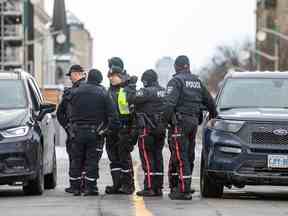 Un corps d'agents du Service de police d'Ottawa, des Services des règlements municipaux d'Ottawa, de la Police provinciale de l'Ontario et du Service de protection parlementaire ont surveillé de près l'anniversaire de la manifestation de samedi.