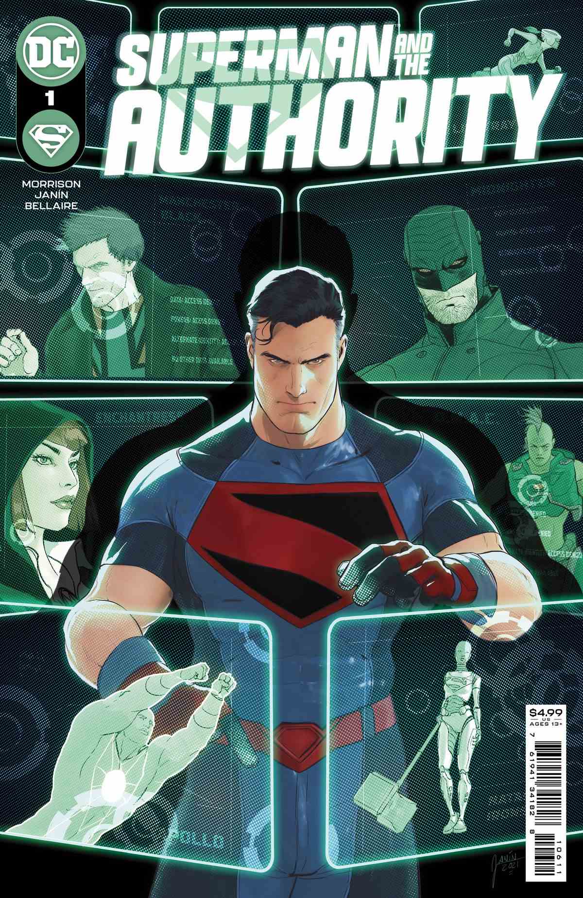 Superman inspecte les images holographiques de divers membres de l'Autorité sur la couverture de Superman and the Authority # 1, DC Comics (2021).